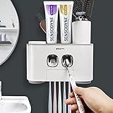 Toothbrush Holder Wall Mounted, WEKITY Multi-Functional Toothbrush and Toothpaste Dispenser for Bathroom, with 5 Toothbrush Slots, 2 Toothpaste Squeezers and 4 Cups(Grey)