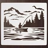 Fishing Landscape Stencil – Nautical Ocean Lake Travel Adventure Design Template Pattern Reusable Art Stencil for Painting, Crafting and DIY Projects (3 Pcs Set)