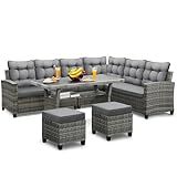KROFEM 6-Piece Outdoor Patio Furniture Set - Sectional Sofa, Dining Table & Chairs Included, All-Weather Dining Set with Ottoman, Grey Wicker and Grey Cushions