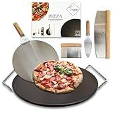 Tenovu Supply Pizza Stone for Oven and Grill with 13" Black Cordierite Stone, Metal Holder/Rack, Stainless Steel Peel, Dough Cutter, Cutter Rocker, and Server - 6 Piece Set Pizza Oven Accessories