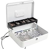 Parrency Cash Box with Key Lock，Durable Metal Cash Box with Money Tray，Lock Box Safe Storage Security Locker with Security Cable,White