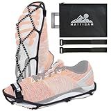 MATTISAM Ice Cleats for Walking on Ice Snow, Crampons Traction Grips Spikes for Shoes Boots, Anti-Slip Flexible Footwear Grippers for Climbing Hiking Fishing Outdoor Running with 2 Adjustable Straps
