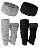 Chuarry 4 Pack Figure Skating Leg Warmers and Headband Set Winter Fleece Leg Warmers Twisted Headband for Women Girls Skating (Black and Light Gray)