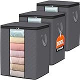 SpaceWhisper 3 Pack 100L Clothes Storage, Foldable Thick Fabric Blanket Storage Bags, Containers for Organizing Bedroom, Closet, Clothing, Comforter,Closet Organization with Handle,Grey