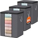 SpaceWhisper 3 Pack 100L Clothes Storage, Foldable Thick Fabric Blanket Storage Bags, Containers for Organizing Bedroom, Closet, Clothing, Comforter,Closet Organization with Handle,Grey
