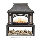 39" Fire Pits with Wood Storage for Outside, Large Wood Burning Outdoor Fireplace with Chimney, Mesh Spark Screen & Fire Poker, Idea for Backyard, Patio, Party, Camping, Picnic