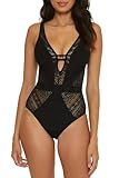 BECCA Color Play - Women's One Piece Swimsuit, Plunge Neck, Crochet, Bathing Suits for Women, Black, Small