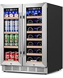 ORYMUSE 24 Inch Dual Zone Wine and Beverage Refrigerator, Built-in or Freestanding Cooler with French Doors, Under Counter Drink Fridge with Upgraded Compressor for Beer, Wine, and Soda