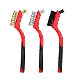 FSTURIOS 3 PCS Wire Brush Set, 7 Inch Brass/Stainless Steel/Nylon Bristles with Curved Handle Grip, Deep Clean Detailing Tools Metal Brushes for Rust Removing Dirt Paint Scrubbing