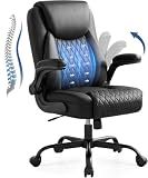 GTPOFFICE Executive Office Chair with Comfortable Lumbar Support, Ergonomic Gaming Chair with Flip-up Armrests & Zoned Pressure-Relief Cushion, Comfy PU Leather Desk Chair, Black