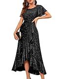 BeryLove Women Sequin Formal Party Dress Flutter Short Sleeve Wedding Guest Dresses Cocktail Long Evening Dress BLS007 Black XL