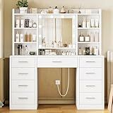 FIONESO Vanity Desk with Mirror and Lights, Power Outlet, Makeup Vanity with 9 Drawers & 6 Open Storage Shelves, 3 Lighting Modes Brightness Adjustable, White