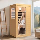 OUTARFIE Far Infrared Sauna, Canadian Hemlock Wood Sauna Spa Room for Indoor,1062W 110V Low EMF Saunas with Control Panel and Integrated Speakers, Mini Home Sauna Room for One Person (Wood)