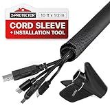 X-Protector Cable Management - 10ft x 1/2" - Fabric Cord Hider - Black Cable Organizer with Insert Tool - Ideal Wire Loom for Wire Management - Premium Cord Organizer for Desk & Other Places!