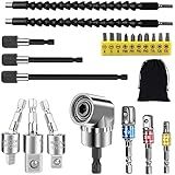 Flexible Drill Bit Extension Set, 105° Right Angle Drill Attachment, 1/4 3/8 1/2In Hex Shank Impact Driver Socket Adapter Rotatable Socket, Bendable Drill Bit Extension Screwdriver Bit