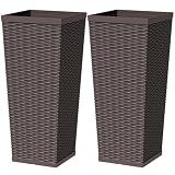 Greesum 30 Inch Tall Plastic Planters with Rattan Texture – Set of 2, Brown