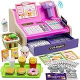 HYES Cash Registers for Kids, Rechargeable Pretend Play Toys Supermarket & Fast Food Restaurant, Cashier Toy with Play Money, Pretend Food, Birthday Gifts for Kids Boy & Girl Age 4-8, Pink
