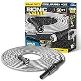 BIONIC STEEL 50 Ft Metal Garden Hose with Sprayer Nozzle, Non Kinking Designed Stainless Steel Heavy Duty Water Hose 50Ft x 5/8 in. Ultra Flexible NON Expandable for Uninterrupted Water Flow, 500 PSI