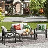 NATURAL EXPRESSIONS Outdoor Patio Furniture 4 Pieces Set, Modern Patio Conversation Sets, Outdoor Sectional Metal Sofa with 5.5 Inch Cushion and Coffee Table for Balcony, Garden