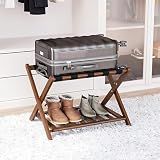 Smart FENDEE Fully Assembled Bamboo Luggage Rack, Walnut Folding Suitcase Stand with Shoe Shelf, Heavy-Duty Luggage Holder for Guest Room Must Haves, Bedroom, Hotel, 1 Pack