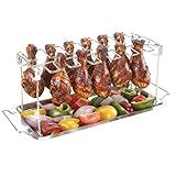 14 Slots Chicken Leg Rack for Drill with Drip Tray, Foldable Stainless Oven Smoker Accessories Drumstick Holder Rack for Chicken Legs Barbucue Cooking in Garden Party & Home