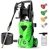 commowner 5000PSI Electric Pressure Washer - 2025 New Power Washer with Upgraded 33ft Pressure Washer Hose Reel, Foam Cannon, 4 Nozzle Set, Power Washer for House/Patios/Car/Fence, Deep Green