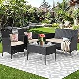 4-Piece Wicker Outdoor Patio Furniture Set | All Weather Patio Conversation Set | Outdoor Sofa and Table | Outdoor Seating Couch with Coffee Table for Backyard Decor, Porch, Balcony, Lawn, Deck