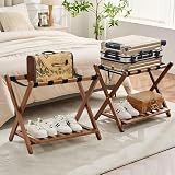 oakvivo Fully Assembled Walnut Luggage Racks Set of 2, Bamboo Luggage Rack Stand for Guest Room, 5 Nylon Straps, 26.77" Folding Suitcase Stand with Storage Shelf for Bedroom Hotel, Holds up to 165 Lbs