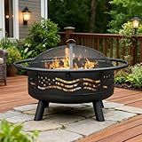Breezz 32 Inch American Flag Fire Pit with Mesh Cover & Poker, Round Metal Wood Burning Outdoor Firepit for Patio, Garden, Backyard, Bonfire, Ideal for 4th of July, Memorial Day, Christmas