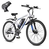 QNUT 350W Full Aluminum Electric Bike for Adults & Teens, 21-Speed 26" Commuter E-Bike with Dual Disc Brakes, 40-Mile Range, Mountain Bike for Men/Women (Blue-White)
