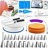 RFAQK 90PCs Cake Decorating Kit for Beginners, Baking Supplies Includes Cake Turntable, Cake Leveler, 24 Icing Piping Tips, 56 Piping Bags, 2 Couplers, Spatulas, Scrapers, Video Course and Booklet