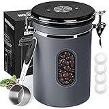 1500ML Airtight Coffee Canister with Date Tracker&Transparent Window, 18OZ Coffe Beans Storage with 30ML Measure Spoon&4 co2 Valve, Coffee Container for Grounds Coffee, Beans, Tea, Sugar, Flour(Gray)