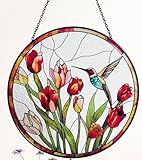 Hummingbird and Tulips Stained Glass Suncatcher - Handcrafted Real Glass Window Hanging for Home, Garden, and Patio Decor - 7.8 inch Round Decorative Art Gift for Nature Lovers and Moms
