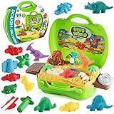 Dinosaur Color Dough Sets Toys, 37 Pieces Dino Theme Color Dough Tools Accessories with Volcano and Fossils for Boys and Girls