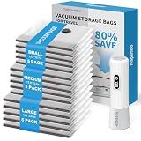 Mapambo Vacuum Seal Bags for Clothing Travel with -60000Pa LED Pump, 15 Pack Travel Cordless Vacuums Bag Set with Pump in 3 Combo Sizes. Vacuums Storage Bags for Clothes (15 Combo)
