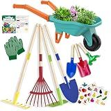 Qtioucp Kids Gardening Set with Wheelbarrow, Real Metal Garden Tools for Kids Ages 3-8, 4 Long Handle Tools, 3 Hand Tool, Gloves, 5 Stickers, Handbook, Outdoor Backyard Toys for Toddler Gift