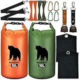 2 Pcs 10L Waterproof Bear Bags with 4 Nylon Ropes, 4 Clips & 2 Rock Pockets & 2 Small Warning Bells for Hanging Food securely. Ultralight Camping Food Bag System.(Orange+Green，10L)
