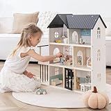 Wooden Dollhouse for Kids, 6-Room Modern Style Toy Doll House Playset with 26 Furniture & Functional Doors, 1:12 Scale Open Plan Dollhouse Designed for 4-6 Inch Dolls, STEM Creative Gift for Ages 3+
