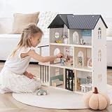 Wooden Dollhouse for Kids, 6-Room Modern Style Toy Doll House Playset with 26 Furniture & Functional Doors, 1:12 Scale Open Plan Dollhouse Designed for 4-6 Inch Dolls, STEM Creative Gift for Ages 3+