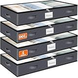 SpaceWhisper 90L Under Bed Storage Containers, 4-Pack Storage Bins with Clear Top, Foldable Closet Organizers and Storage with Label Holder for Clothing, Blankets, Comforter & Pillows (Grey)