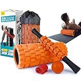 Krightlink 5 in 1 Foam Roller Set for Deep Tissue Muscle Massage, Trigger Point Fitness Exercise Foam Roller, Massage Roller, Massage Ball, Stretching Strap, for Whole Body (Orange Black)