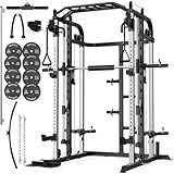 Royal Fitness Smith Machine with 140Lbs Solid Cast Iron Olympic Weight Plates, Power Cage Rack with Smith Bar and Cable Pulley System for Home Gym