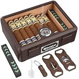FANKAI Cigar Humidor, Glass top Cigar Case with Straight Cutter Guillotine, V Cut, Punch Tool, Spanish Cedar Wood Lining Case, Crush-Proof Storage Box with Humidifier & Hygrometer