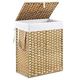 DUMOS Woven Laundry Basket with Lid, 90L Large Capacity Hamper, Removable & Machine-Washable Liner, Foldable Rattan Clothes Hamper, Sturdy Steel Frame, Odor Control, Goose Yellow