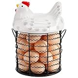 Hiceeden Metal Wire Chicken Egg Storage Basket, Decorative Fresh Egg Holder with Ceramic Chicken Design Lid, Portable Round Collectiong Basket for Kitchen Supplies, Pantry