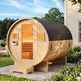 Aoxun Outdoor Barrel Sauna, 4-6 Person Tradition Wood Dry＆Steam Sauna with Sauna Stone, 220V/6KW Electric Heater