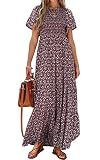 PRETTYGARDEN Women's Short Sleeve Boho Floral Dress A Line Smocked Midi Dress Casual Tiered Summer Dresses 2026 (Wine Red,X-Large)