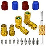 R12 to R134A AC Fitting Conversion Adapter Kit, R12 to R134a Quick Coupler Valve A/C 2 Straight and 2 Angled Port Retrofit Adapter,High/Low Pressure with Valve Tool for AC Air Conditioner System