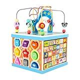 Qilay Wooden Activity Cube for Toddlers, 5 in 1 Multipurpose ABC-123 Abacus Early Educational Montessori Toys, Learning Toys for 3 Year Old | Bead Maze, Great for Boys Girls