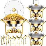 4 Pack Gold Round Chafing Dishes for Buffet, 5 QT Food Warmers and Cold Food Server for Parties, Events Hosting, Family Gatherings, Full Set Catering Supplies with Serving Utensils Accessories
